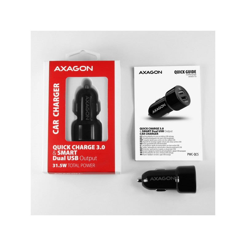 AXAGON PWC-QC5, QUICK a SMART nabíjačka do auta, 2x port QC3.0/AFC/FCP + 5V-2.6A, 31.5W