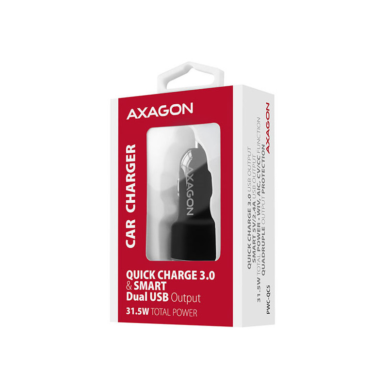 AXAGON PWC-QC5, QUICK a SMART nabíjačka do auta, 2x port QC3.0/AFC/FCP + 5V-2.6A, 31.5W