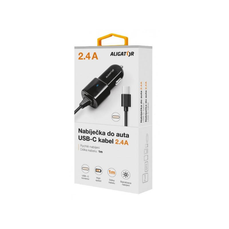 Aligátor nab. do auta USB-C s USB TCH 2,4A čierna