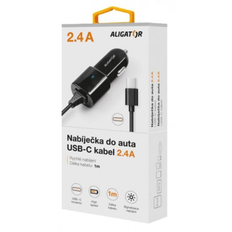 Aligátor nab. do auta USB-C s USB TCH 2,4A čierna