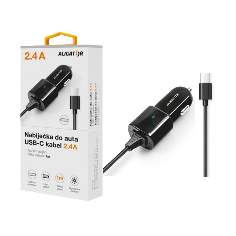 Aligátor nab. do auta USB-C s USB TCH 2,4A čierna