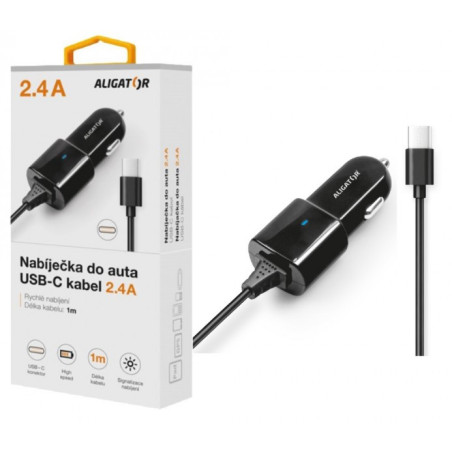 Aligátor nab. do auta USB-C s USB TCH 2,4A čierna