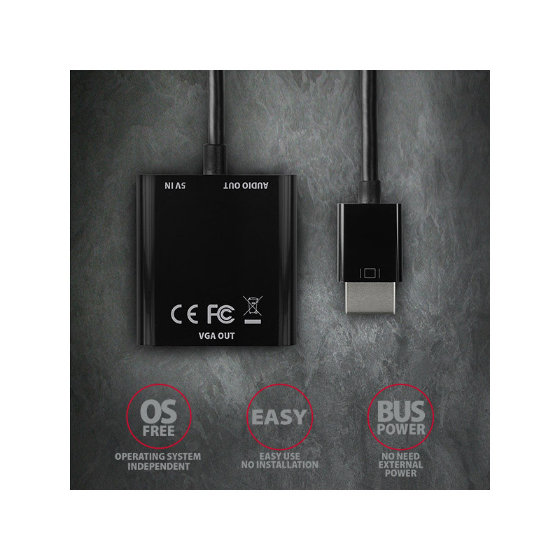 AXAGON RVH-VGAN, HDMI → VGA redukcia/adapter, FullHD, audio výstup, micro USB napr. konektor