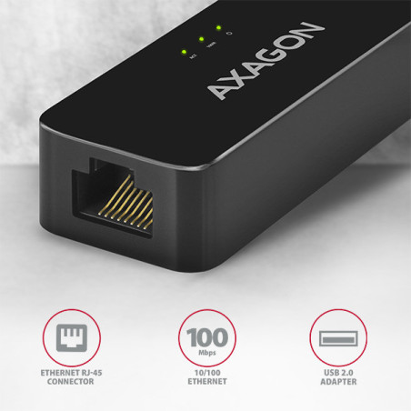 AXAGON ADE-XR, USB 2.0 - Fast Ethernet sieťová karta, auto inštal, čierna