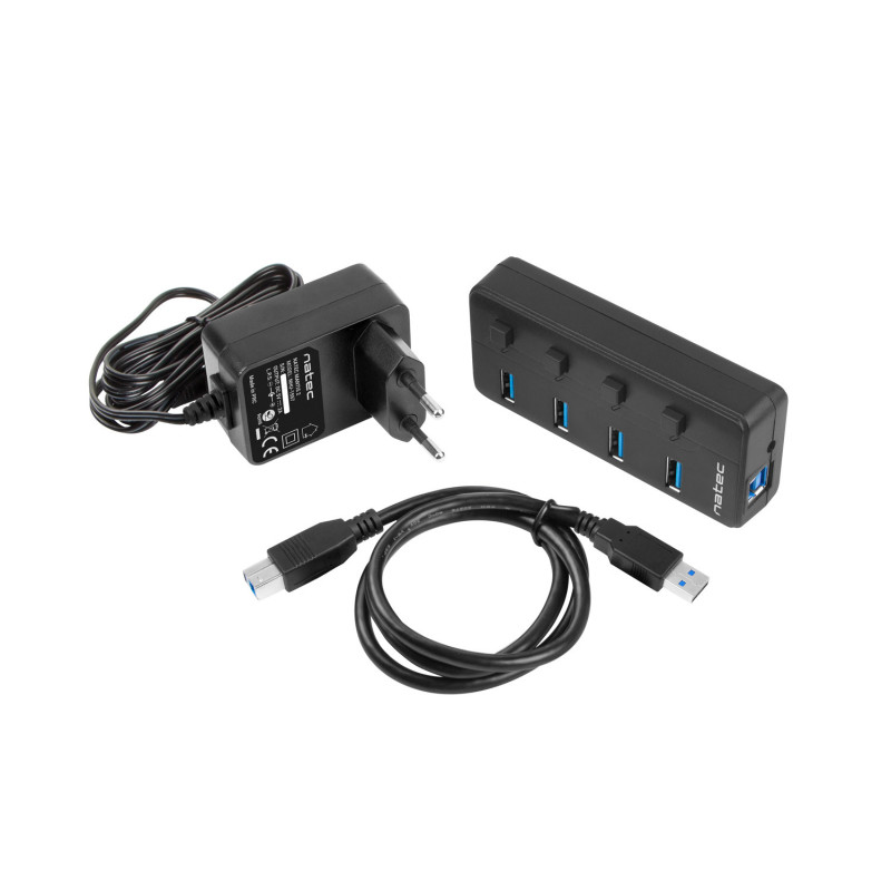 Natec Mantis 2 aktívny rozbočovač s funkciou nabíjania 4x USB 3.0 HUB, vypínač, napájací adaptér