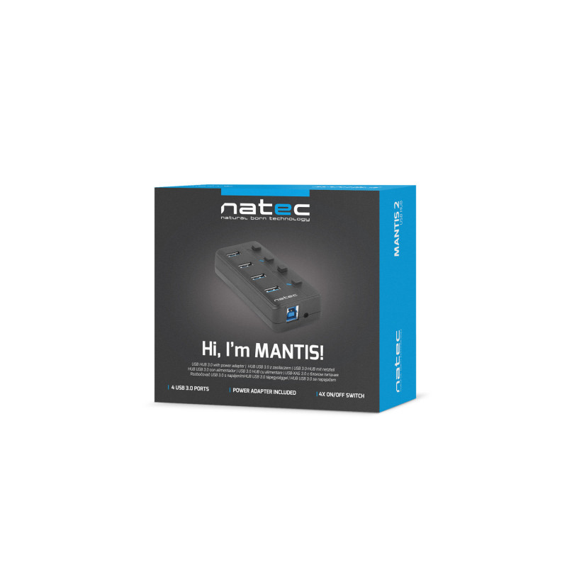 Natec Mantis 2 aktívny rozbočovač s funkciou nabíjania 4x USB 3.0 HUB, vypínač, napájací adaptér