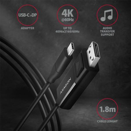 AXAGON RVC-DPC, USB-C → DisplayPort redukcia / kábel 1.8m, 4K/60Hz