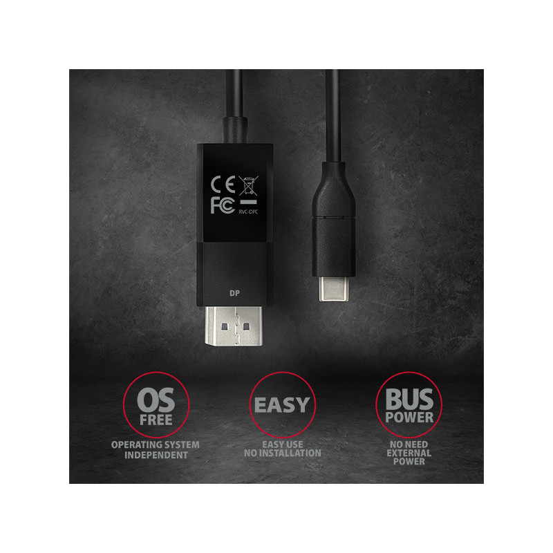 AXAGON RVC-DPC, USB-C → DisplayPort redukcia / kábel 1.8m, 4K/60Hz