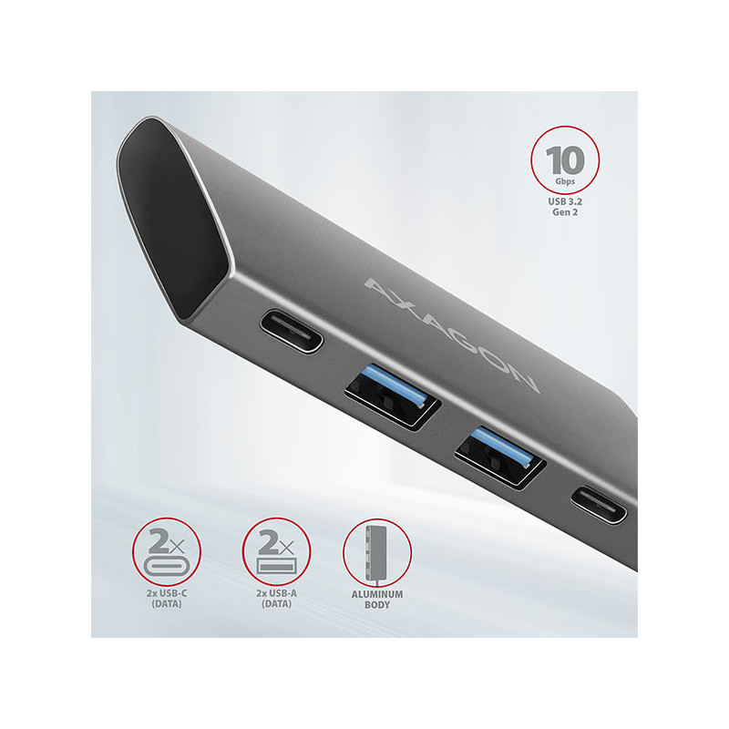 AXAGON HMC-4G2, USB-C 3.2 Gen 2 10 Gb/s hub, porty 2x USB-A + 2x USB-C, kábel USB-C 13cm