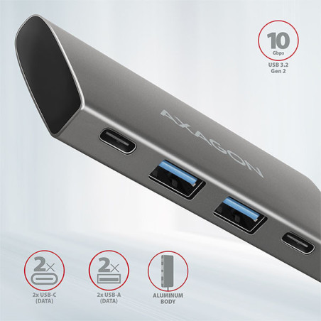AXAGON HMC-4G2, USB-C 3.2 Gen 2 10 Gb/s hub, porty 2x USB-A + 2x USB-C, kábel USB-C 13cm