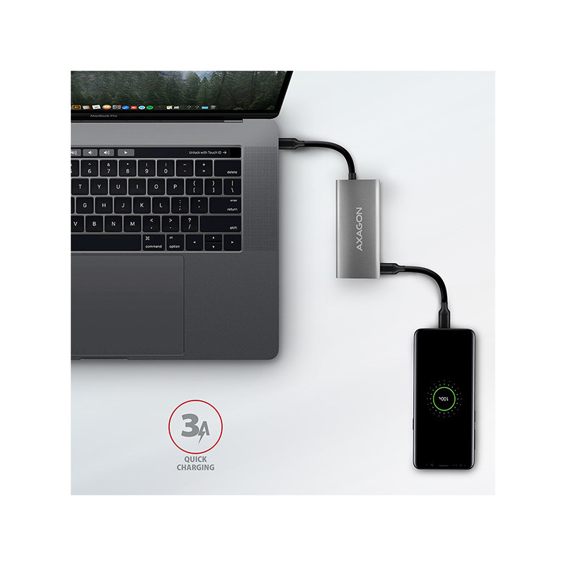 AXAGON HMC-4G2, USB-C 3.2 Gen 2 10 Gb/s hub, porty 2x USB-A + 2x USB-C, kábel USB-C 13cm