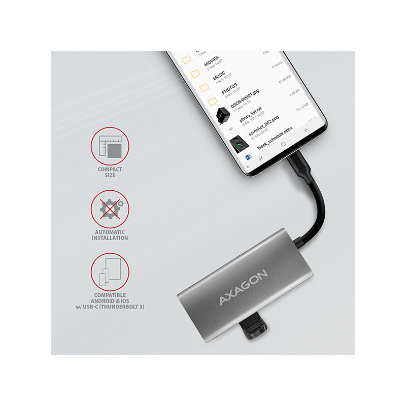 AXAGON HMC-4G2, USB-C 3.2 Gen 2 10 Gb/s hub, porty 2x USB-A + 2x USB-C, kábel USB-C 13cm