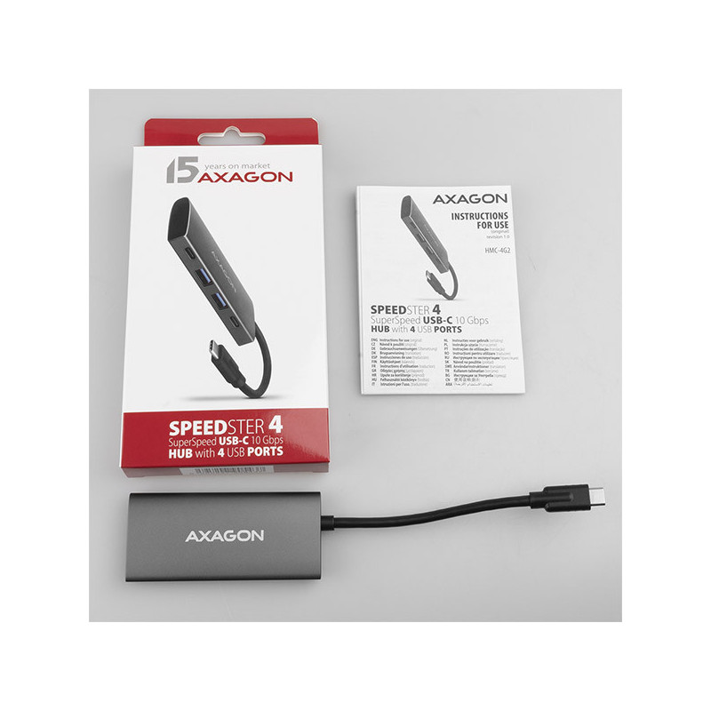 AXAGON HMC-4G2, USB-C 3.2 Gen 2 10 Gb/s hub, porty 2x USB-A + 2x USB-C, kábel USB-C 13cm