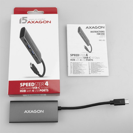 AXAGON HMC-4G2, USB-C 3.2 Gen 2 10 Gb/s hub, porty 2x USB-A + 2x USB-C, kábel USB-C 13cm