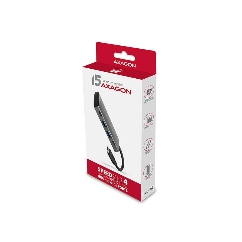AXAGON HMC-4G2, USB-C 3.2 Gen 2 10 Gb/s hub, porty 2x USB-A + 2x USB-C, kábel USB-C 13cm