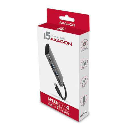 AXAGON HMC-4G2, USB-C 3.2 Gen 2 10 Gb/s hub, porty 2x USB-A + 2x USB-C, kábel USB-C 13cm