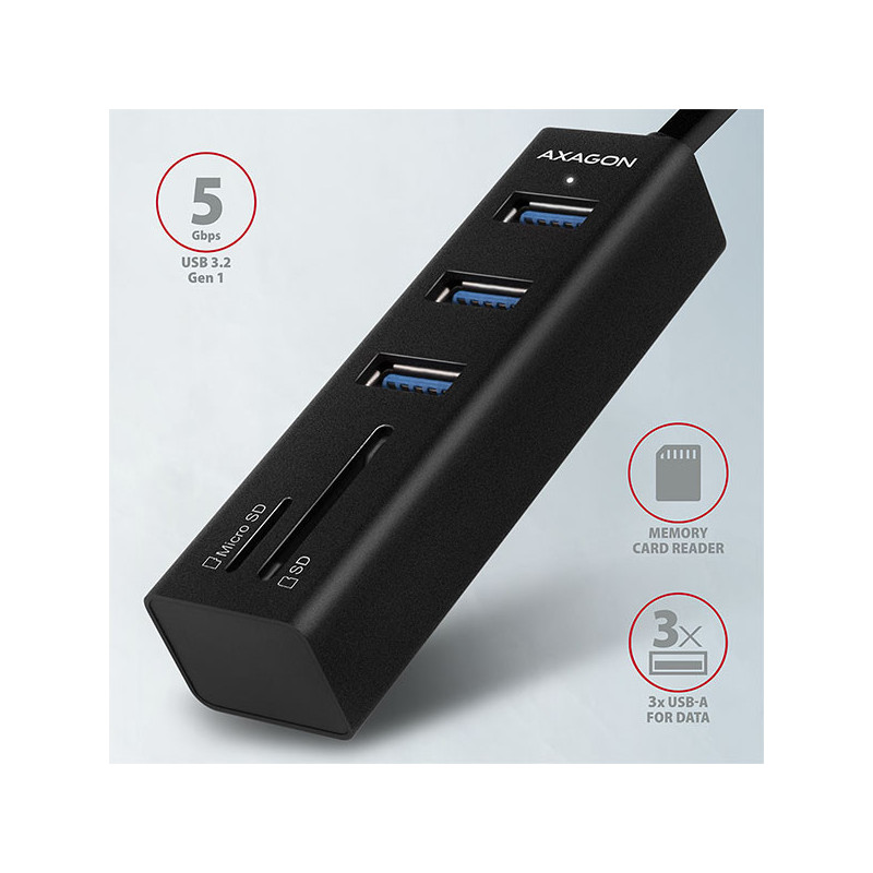 AXAGON HMA-CR3A, USB 3.2 Gen 1 hub, porty 3x USB-A + čítačka kariet SD/microSD, kovový, kábel USB-A 20