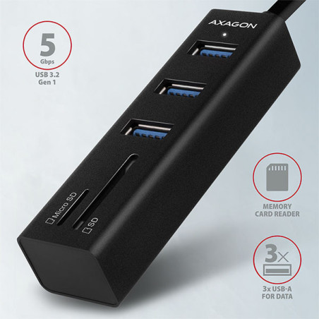 AXAGON HMA-CR3A, USB 3.2 Gen 1 hub, porty 3x USB-A + čítačka kariet SD/microSD, kovový, kábel USB-A 20