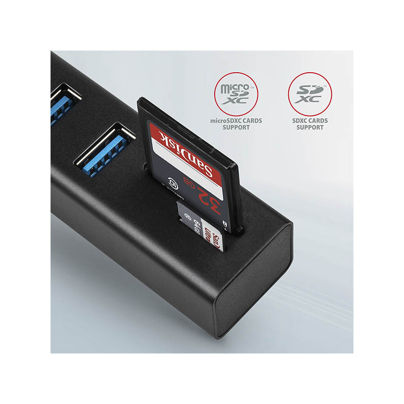 AXAGON HMA-CR3A, USB 3.2 Gen 1 hub, porty 3x USB-A + čítačka kariet SD/microSD, kovový, kábel USB-A 20