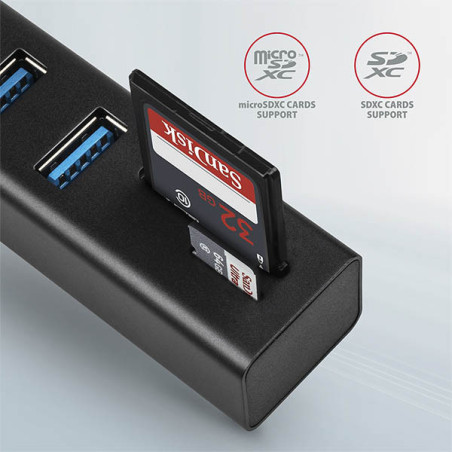 AXAGON HMA-CR3A, USB 3.2 Gen 1 hub, porty 3x USB-A + čítačka kariet SD/microSD, kovový, kábel USB-A 20