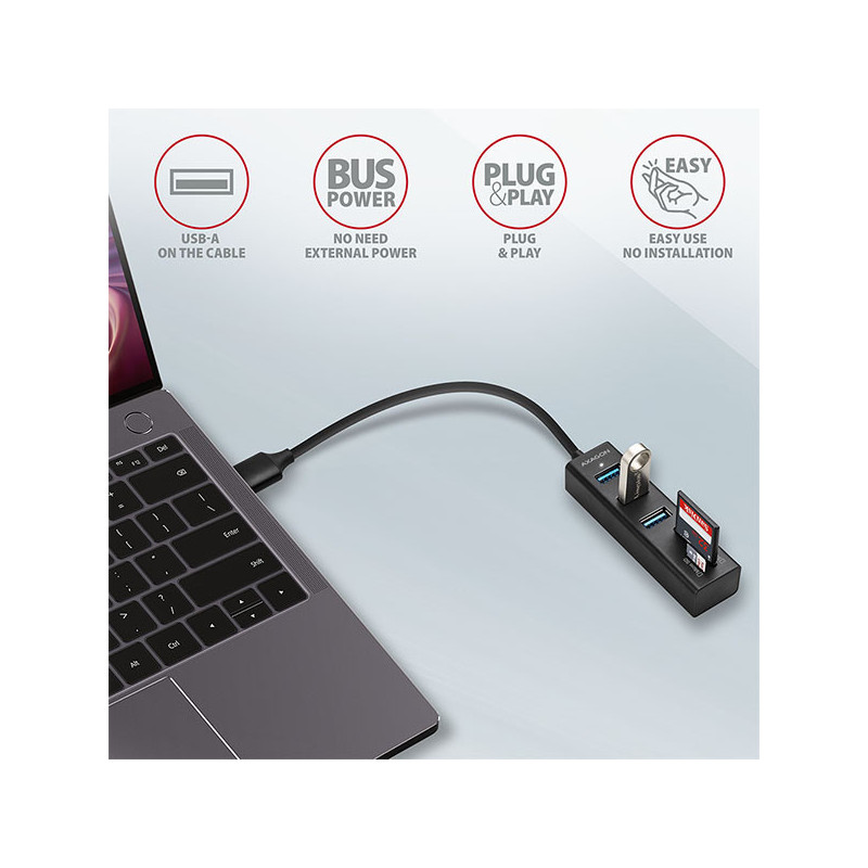 AXAGON HMA-CR3A, USB 3.2 Gen 1 hub, porty 3x USB-A + čítačka kariet SD/microSD, kovový, kábel USB-A 20