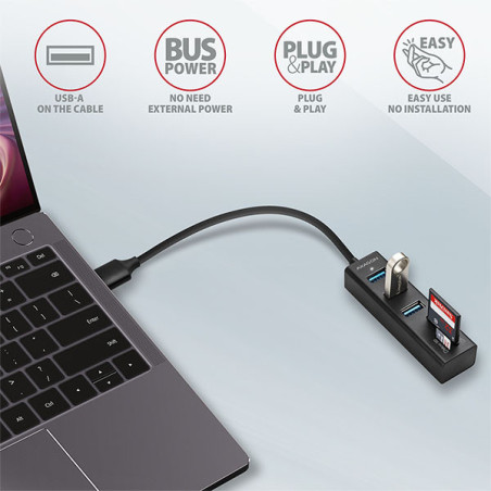 AXAGON HMA-CR3A, USB 3.2 Gen 1 hub, porty 3x USB-A + čítačka kariet SD/microSD, kovový, kábel USB-A 20
