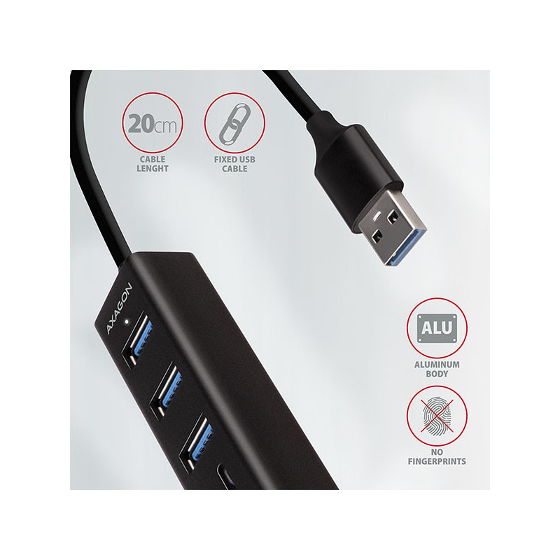 AXAGON HMA-CR3A, USB 3.2 Gen 1 hub, porty 3x USB-A + čítačka kariet SD/microSD, kovový, kábel USB-A 20