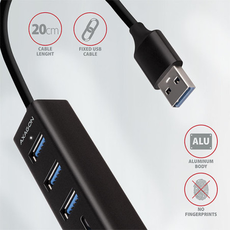 AXAGON HMA-CR3A, USB 3.2 Gen 1 hub, porty 3x USB-A + čítačka kariet SD/microSD, kovový, kábel USB-A 20