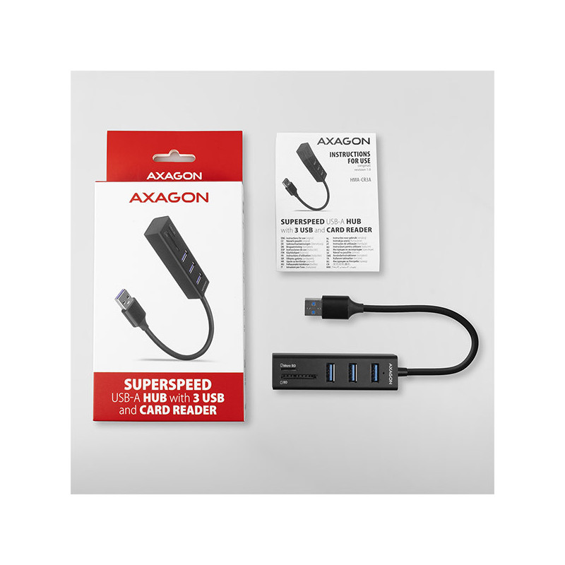 AXAGON HMA-CR3A, USB 3.2 Gen 1 hub, porty 3x USB-A + čítačka kariet SD/microSD, kovový, kábel USB-A 20