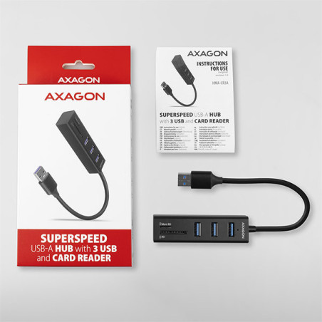 AXAGON HMA-CR3A, USB 3.2 Gen 1 hub, porty 3x USB-A + čítačka kariet SD/microSD, kovový, kábel USB-A 20