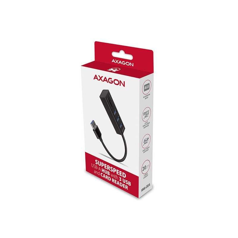 AXAGON HMA-CR3A, USB 3.2 Gen 1 hub, porty 3x USB-A + čítačka kariet SD/microSD, kovový, kábel USB-A 20