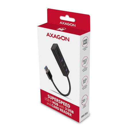 AXAGON HMA-CR3A, USB 3.2 Gen 1 hub, porty 3x USB-A + čítačka kariet SD/microSD, kovový, kábel USB-A 20