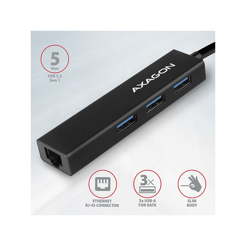 AXAGON HMA-GL3A, USB 3.2 Gen 1 hub, porty 3x USB-A + Gigabit Ethernet, kovový, kábel USB-A 20cm