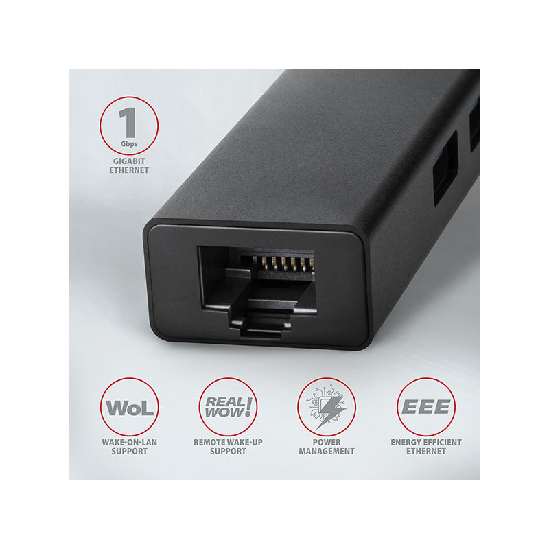 AXAGON HMA-GL3A, USB 3.2 Gen 1 hub, porty 3x USB-A + Gigabit Ethernet, kovový, kábel USB-A 20cm