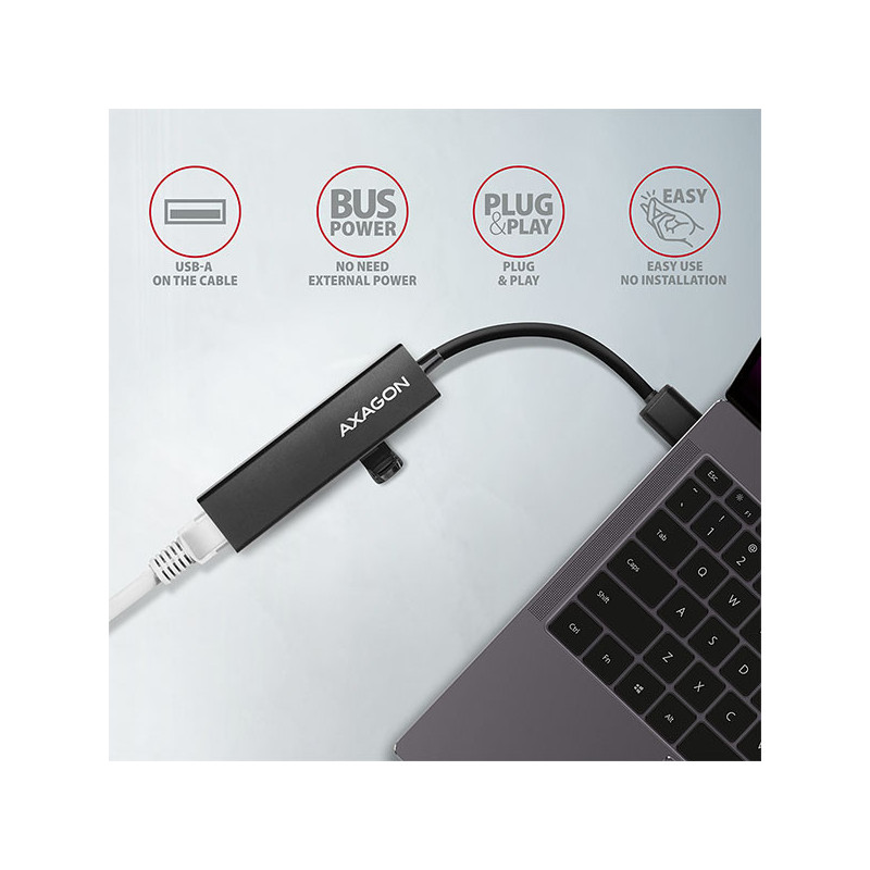 AXAGON HMA-GL3A, USB 3.2 Gen 1 hub, porty 3x USB-A + Gigabit Ethernet, kovový, kábel USB-A 20cm