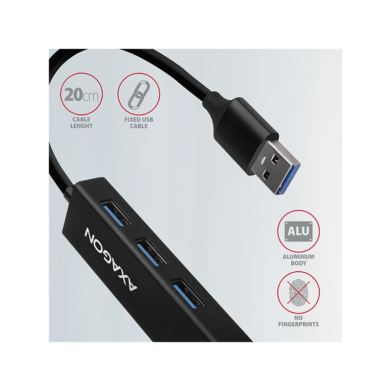 AXAGON HMA-GL3A, USB 3.2 Gen 1 hub, porty 3x USB-A + Gigabit Ethernet, kovový, kábel USB-A 20cm