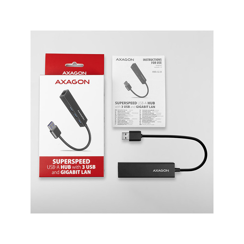 AXAGON HMA-GL3A, USB 3.2 Gen 1 hub, porty 3x USB-A + Gigabit Ethernet, kovový, kábel USB-A 20cm