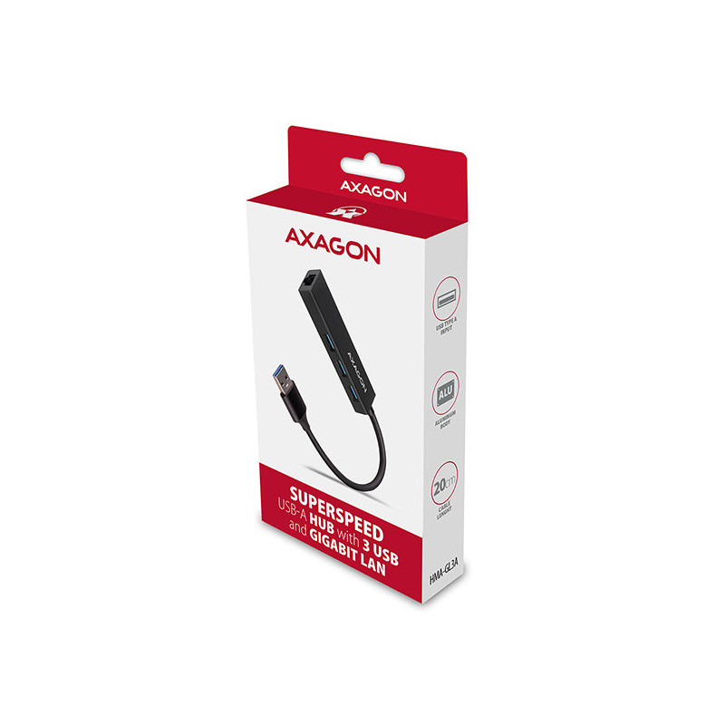 AXAGON HMA-GL3A, USB 3.2 Gen 1 hub, porty 3x USB-A + Gigabit Ethernet, kovový, kábel USB-A 20cm