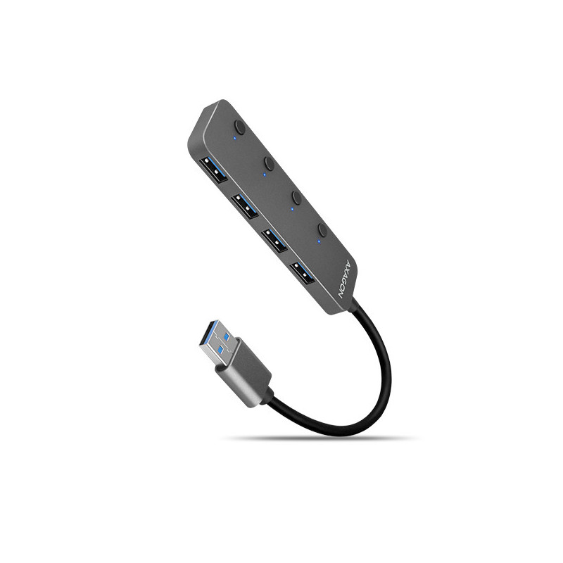 AXAGON HUE-MSA, 4x USB 3.2 Gen 1 SWITCH hub, kovový, micro USB napr. konektor, kábel USB-A 20cm