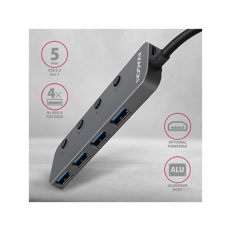 AXAGON HUE-MSA, 4x USB 3.2 Gen 1 SWITCH hub, kovový, micro USB napr. konektor, kábel USB-A 20cm