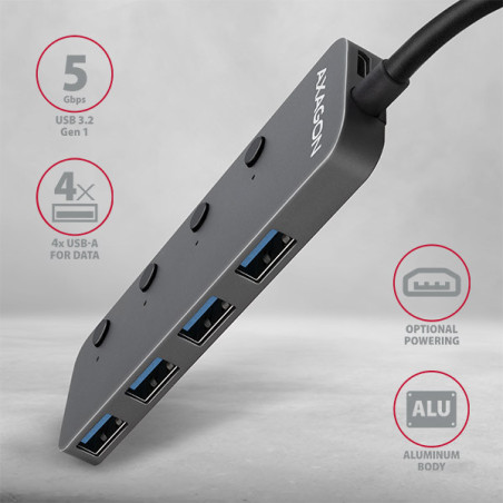 AXAGON HUE-MSA, 4x USB 3.2 Gen 1 SWITCH hub, kovový, micro USB napr. konektor, kábel USB-A 20cm