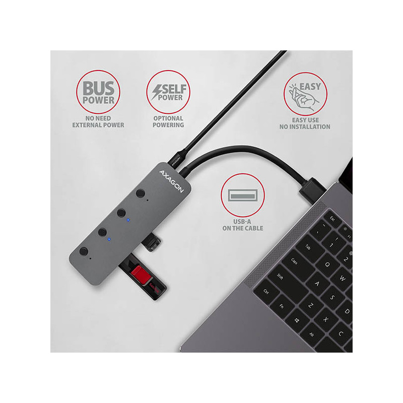 AXAGON HUE-MSA, 4x USB 3.2 Gen 1 SWITCH hub, kovový, micro USB napr. konektor, kábel USB-A 20cm