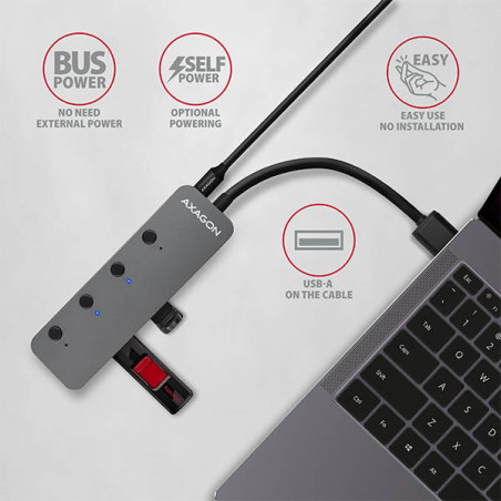 AXAGON HUE-MSA, 4x USB 3.2 Gen 1 SWITCH hub, kovový, micro USB napr. konektor, kábel USB-A 20cm