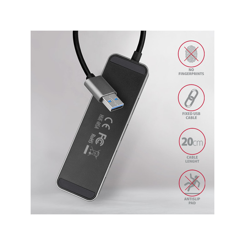 AXAGON HUE-MSA, 4x USB 3.2 Gen 1 SWITCH hub, kovový, micro USB napr. konektor, kábel USB-A 20cm