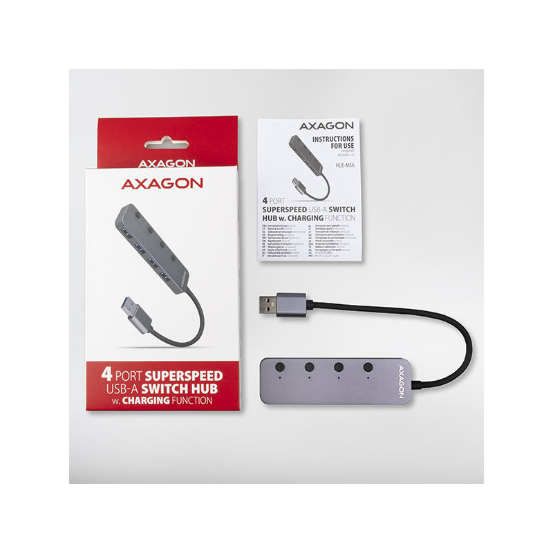 AXAGON HUE-MSA, 4x USB 3.2 Gen 1 SWITCH hub, kovový, micro USB napr. konektor, kábel USB-A 20cm
