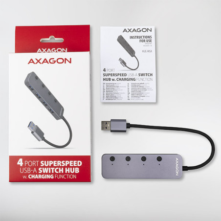 AXAGON HUE-MSA, 4x USB 3.2 Gen 1 SWITCH hub, kovový, micro USB napr. konektor, kábel USB-A 20cm