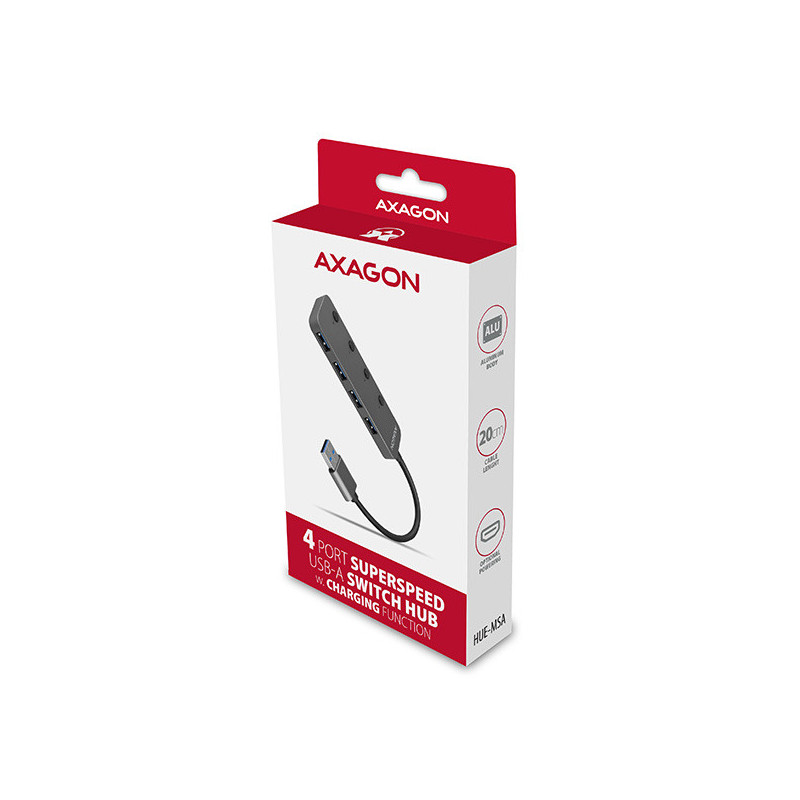 AXAGON HUE-MSA, 4x USB 3.2 Gen 1 SWITCH hub, kovový, micro USB napr. konektor, kábel USB-A 20cm