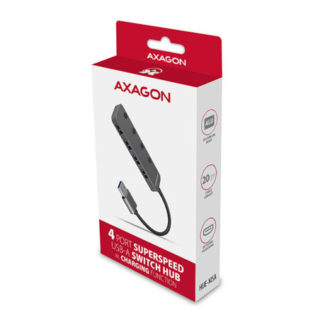 AXAGON HUE-MSA, 4x USB 3.2 Gen 1 SWITCH hub, kovový, micro USB napr. konektor, kábel USB-A 20cm