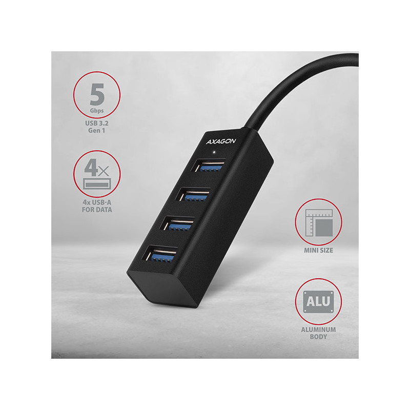 AXAGON HUE-M1C, 4x USB 3.2 Gen 1 MINI hub, kovový, kábel USB-C 20cm