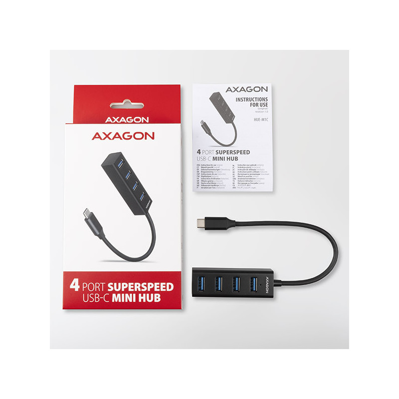 AXAGON HUE-M1C, 4x USB 3.2 Gen 1 MINI hub, kovový, kábel USB-C 20cm